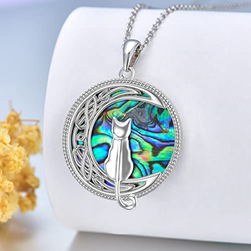 Toupop Cat Gifts For Cat Lovers Sterling Silver Celtic Cat On The Moon Pendant Necklace With Abalone Shell Birthday Anniversary Christmas Jewelry Gifts For Women Teen Girls #TOP4