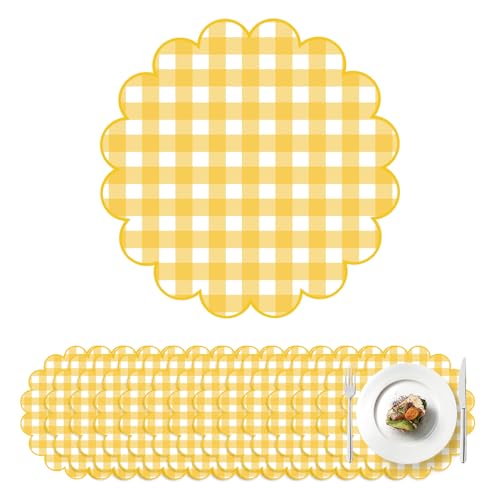 100Pcs Checkered Paper Placemats Yellow Gingham Place Mats 13.5 Inch Disposable Round Decorative Dining Table Mat with Scalloped Edge Paper Cutouts Decor for Wedding Baby Shower Table Party Supplies
