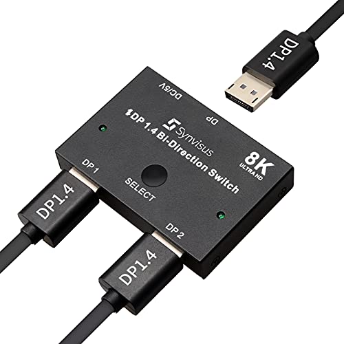 Synvisus Displayport Switch 8K, Bi-Directional Switch 2 in 1 Out/1 to 2 DP1.4 Switcher, 3D UHD 8K@60Hz, 4K@120Hz, Manual Switch DP Switcher for Monitor Projector TV PC Laptop Game Console etc
