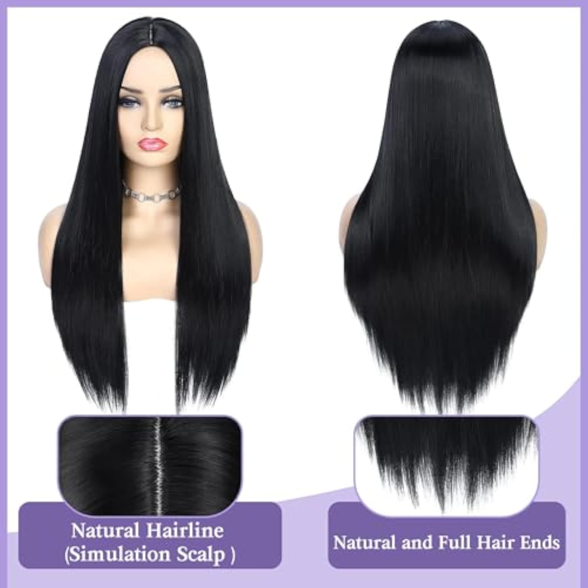 Women's 26 Inch Long Black Straight Synthetic Wig