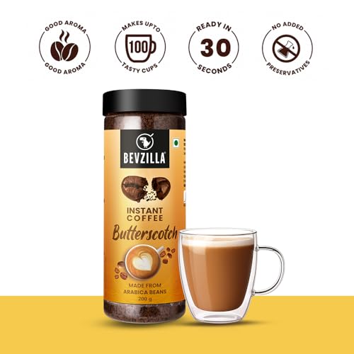 Image of Bevzilla 200 GM Butterscotch Flavoured Instant Coffee Powder | Arabica Beans | Best For Espresso, Latte & Cappucino | Hot & Cold Coffee | Unbreakable Jar (Pack of 2)
