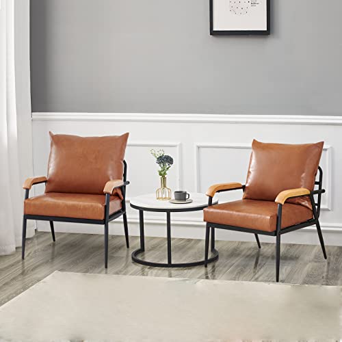 CLIPOP Mid Century Modern Accent Chair, Single Sofa with Removable Backrest and Cushion, Upholstered Faux Leather Armchair with Solid Wood Armrest Metal Frame Easy-Assembly, 24\" W, Light Brown - Thumbnail 4