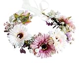 Vivivalue Daisy Flower Crown Floral Wreath Headband Hair Garland Flower Halo Headpiece with Ribbon Wedding Party Festival Photos Pink