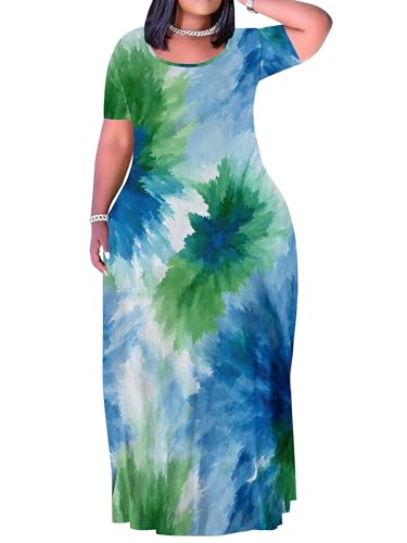 Image of PinkPatty Plus Size Dress for Women Casual Crew Neck Short Sleeve Maxi Dress Oversized Summer Beach Dresses with Pockets