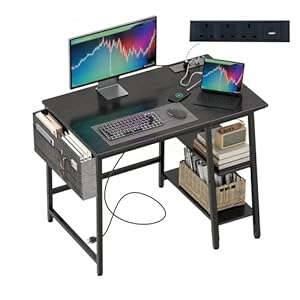Computer Desk, 32 inch Gaming Desks, with with USB Charging Port & Power Outlet, Office Laptop Table, Study Tables with Metal Frame, Wood with Floating Shelves, Black
