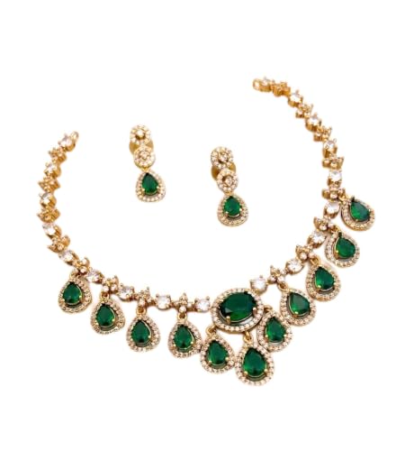 Antique Gold Plated Temple Jewellery Necklace Set with Earrings for Women, Traditional Indian Bridal Necklace Set, South Indian Choker Haram Style Jewellery Set, Ethnic Wedding for Women (AD-Neck-214-Green)