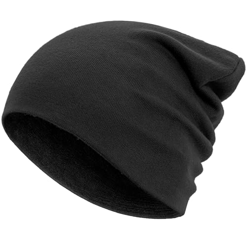 Simapu 100% Cotton Thin Beanie Hat for Men Women - Lightweight Breathable Knit Slouchy Beanie Cuffed Chemo Skull Cap, Black