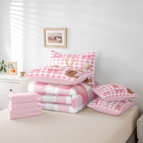 Image of Baseball Bowknot Queen Bedding Sets Pink Checkered Patchwork Grid Comforter Set Watercolor Girly Bow Romantic Dreamy All Season Comforter Flat&Fitted Sheet 2 Pillowcases 2 Throw Pillow Covers,7 Pcs