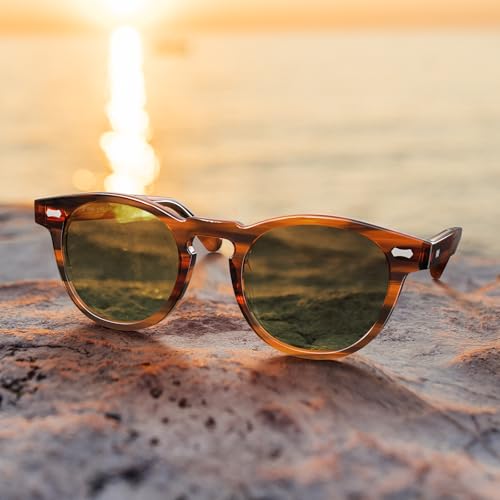 CARFIA Cool Retro Acetate Sunglasses for Men Polarized UV Protection, Keyhole Round Shades with Embossed Pattern Wire Core4