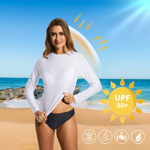 HODOSPORTS Women's UPF 50+ Rash Guard Swimsuit UV Sun Protection Swim Shirt Long Sleeve White M - Thumbnail 5