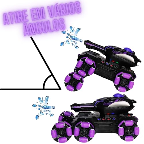 Carro Controle Remoto Tanque Lança Bolinhas Geell Led e Sons 3 Rodas Roxo,Carrinho Controle Remoto C