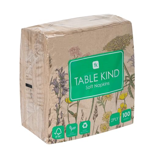 Table Kind 100 Großpackung weiche Servietten aus Recyclingpapier, geblümte Einweg-Partyservietten Catering und Alltagsgebrauch umweltfreundlich, ungebleicht | Hergestellt in der EU, 2 lagig, 33 cm