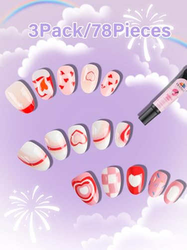 78 Pieces Press on Nails for Kids, EBANKU 3 Pack Kid Fake Nail Kit Red Heart Press on Nails for Girls 8-12 Years with Nail Builder Glue - Image 2