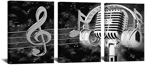 Biuteawal Music Artistic Paintings Wall Art Black White Microphone and Headset Note Picture Canvas Giclee Print Modern Home Studio Bedroom Decor Stretched and Framed Ready to Hang