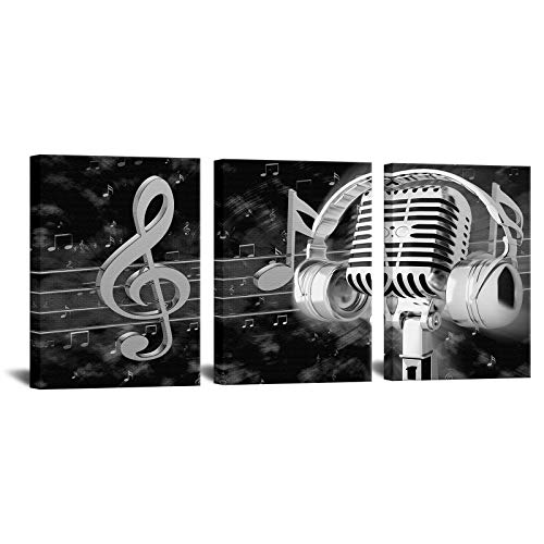 Biuteawal Music Artistic Paintings Wall Art Black White Microphone And Headset Note Picture Canvas Giclee Print Modern Home Studio Bedroom Decor Stretched And Framed Ready To Hang #TOP10