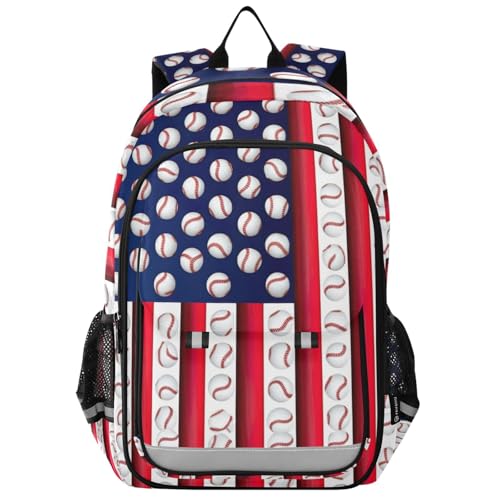 Baseball Flag Kids School Backpack for Boys Girls, Front Flap School Bag, 17 Inch Backpack with Chest Strap for Girls, Age 6-12