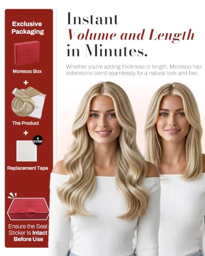 Image of Moresoo Tape in Extensions Real Human Hair Beige Blonde 14in 40pcs 100g | Tape hair extensions, thick 40pcs set, soft blonde dimension, fuller body for blowouts and bridal styling