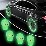 4PCS Skull Luminous Car Tire Valve Stem Caps, Fluorescent Tire Pressure Caps, Glow in The Dark Corrosion Resistant Tire Air Valves Stem Caps, Suitable for Car, SUV, Truck, Motorcycle (Green)