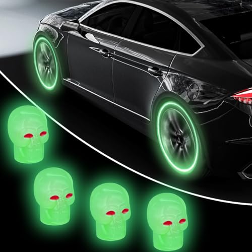 4PCS Skull Luminous Car Tire Valve Stem Caps, Fluorescent Tire Pressure Caps, Glow in The Dark Corrosion Resistant Tire Air Valves Stem Caps, Suitable for Car, SUV, Truck, Motorcycle (Green)
