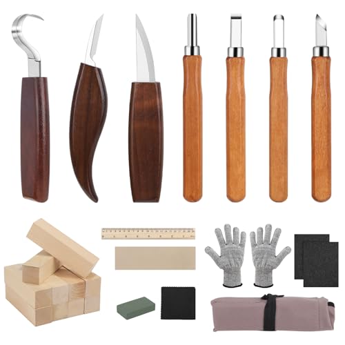 DBREAKS Kit Intaglio Legno 24 PCS, Sgorbie per Legno, Strumenti per Lavorare il Legno, Coltello Intaglio Legno per Principianti e Professionisti, con Guanti Resistenti al Taglio