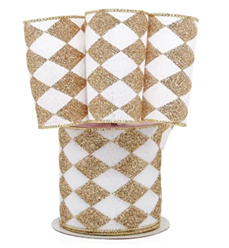 Image of Old Gold White Diamonds Harlequin Ribbon - 4 inch x 10 Yards, Argyle, Gold Wire Edged, Glitter, Wedding, Gift Wrapping, Wreath Decor, Fall, Christmas, Tree Topper Bow, Mardi Gras