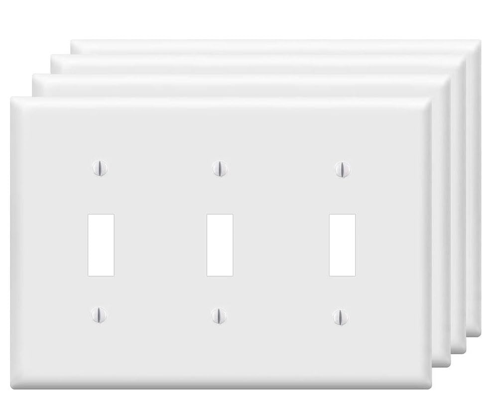 Image of ZEFTV Toggle Light Switch Wall Plates 3-Gang Switch Electrical Cover Plate Unbreakable Thermoplastic Faceplate, White (4 Pack)