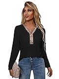 SheIn Damen Elegant Langarm Bluse mit Kontrast Pailletten Oberteil V-Ausschnitt Tunika Langarmshirts Büro Chiffon Blusen Schwarz L