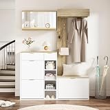 Merax Garderobenset 4-teilig, Garderoben-Komplettprogramm mit Schuhschrank, Sitzbank, Wandspiegel & Wandpaneel mit Ablage, Moderne Flurmöbel für Flur & Diele, 130x30x174 cm, Natur & Weiß