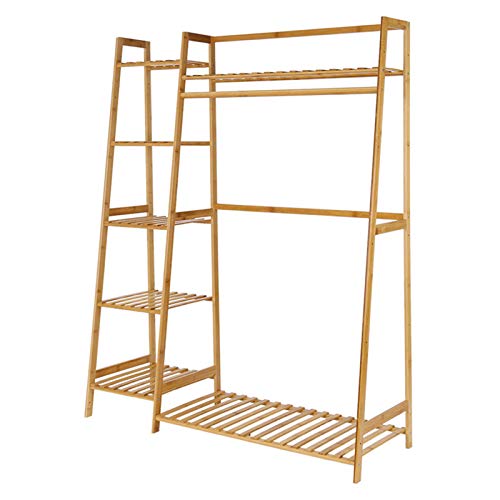 Duseedik Bamboo Wood Garment Rack, 6 Tier Clothing Hanging Storage Shelves Rack with Side Hooks for Cloth Shoe Coat Storage Organizer Shelf (Bamboo Garment Rack)