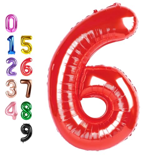 Image of Number Balloons 6 Balloon 40 inch Red for 6th Birthday Party Decorations | Saturated Color, Large 40 in, With Straw & Hanging Hole, For Back-to-School Season, Wedding, Christmas, New Year, Anniversary
