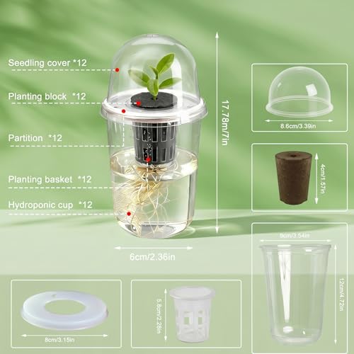 BLUASPAY 12 Pack Transparent Hydroponic Cups with Humidity Domes, 5in1 Hydroponics Growing System Kit, Clear Self Watering Planters for Indoor Plants, Herbs, Seed Starting, Root Monitoring - Thumbnail 4