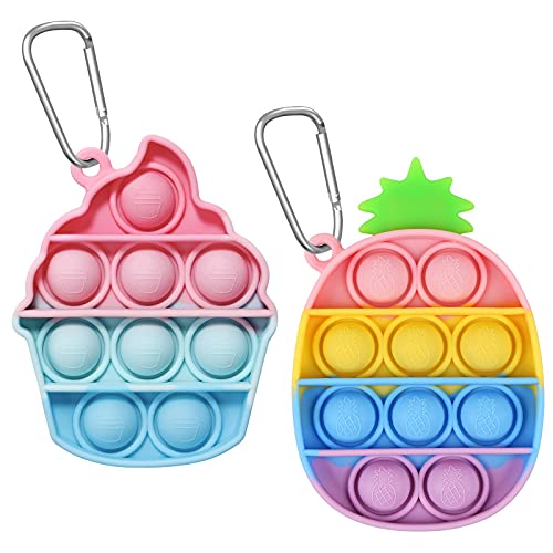 2 Pack Mini Push Pop Bubble Sensory Fidget Toy Keychains,Simple Fidget Toy Keychains Stress Relief Hand Toys Wrap Pop Anxiety Reliever Office Desk Toy for Kids Adult(Rainbow Pineapple,Ice Cream)