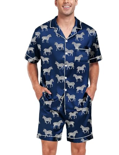 Image of SWOMOG Men Satin Silk Pajamas Sets Short Sleeve Sleepwear Button-Down PJs Sets Two-Pieces Loungewear with Pockets