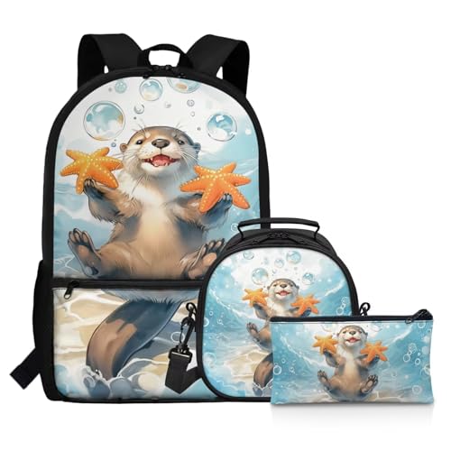 Showudesigns Sea Otter School Backpack and Lunch Box Set for Girls Boys Middle School Bags Kids 17inch Bookbag with Lunch Bags Pencil Case Preschool Elementary Back Packs Satchel