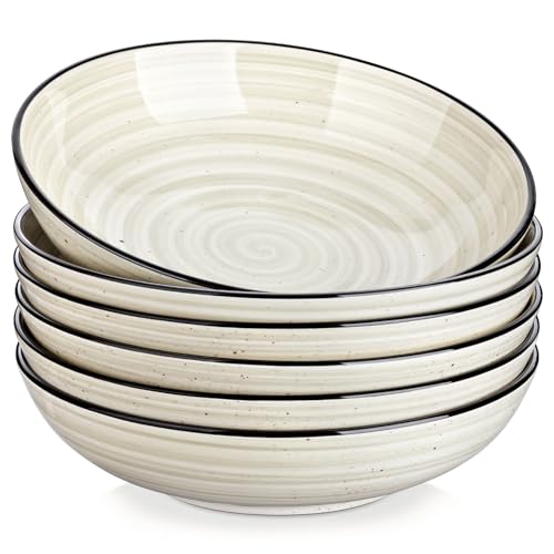 vancasso Bonbon Pasta Bowls Set of 6, 38 Oz Ceramic Salad Bowls, Wide and Shallow Bowls Set, Large Serving Bowls for Kitchen, Beige by vancasso - Used condition - US$35.99