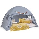 COSTWAY Kids Bed Tent, Children Play Tents with Flags, Windows, Indoor Toddler Bed Canopy Playhouse for Boys Girls (Grey)