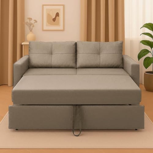Image of CASASTYLE Seria 2 Seater Pull-Out Premium Fabric Sofa Cum Bed Sofa Set for Living Room in Beige Color