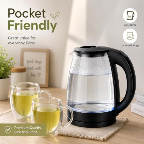 Image of 2 Litre Boroslite Glass Electric Kettle with 2 Double-Wall Glass Cups, 250 ml Each | Combo Set with Blue LED Light | Stylish Beverage Set for Home, Office & Gifting (TRANSPARENT WITH CUPS)