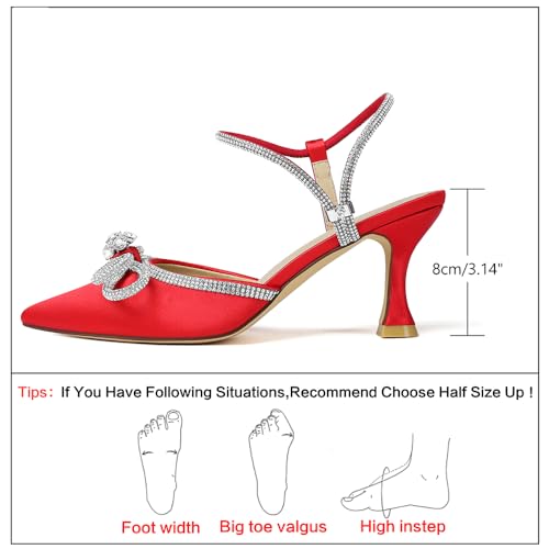 Image of Susanny Women's Closed Toe Rhinstone Wedding Low Heel Slingback Clear Kitten Heels,Adjustable Strap Pointed Toe Bow Pumps High Heeled Prom Dress Shoes