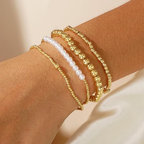 14K Gold Plated Beaded Bracelets Stack Set for Women,Stretch Boho Colorful Beads Ball Jewelry Friendship Summer Trendy2
