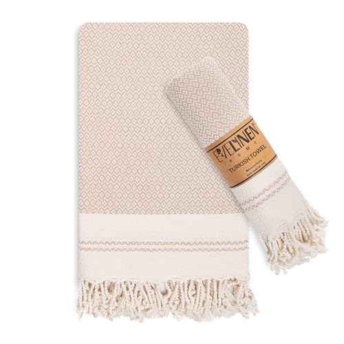 Evelynen Turkish Hand Towels for Bathroom & Kitchen Towels Decorative Set of 2 | Boho Farmhouse Hand Towels with Hanging Loops for Face, Tea, Dish, Kitchen & Bath | %100 Cotton (16" x 32" - Beige)
