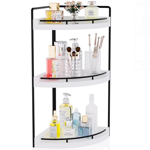 Image of Corner Bathroom Counter Organizer, 3 Tier Bathroom Sink Shelf Countertop, Wood Vanity Skincare Storage for Toiletries Decor, Makeup, Dresser (White)