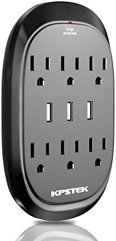 Wall Tap Surge protector with 3 USB Charging Ports(3.4A total) and 6 AC Outlets, Portable Multi Outlet Wall-Mount Socket- 300 J Surge Protection For Home- Office- Travel(Black)
