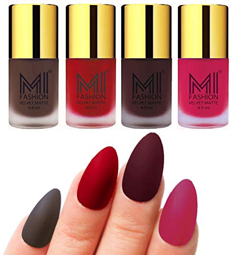 Image of MI FASHION Velvet Matte Nail Polish Combo Sets For Women Classic Touch, Lasting Style 9.9ml Coffee, Tomato Red, Wine, Pink (Pack Of-4)