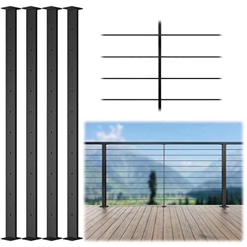 Muzata 4Pack Super Thin Intermediate Post 36"X3/8"X2" (Post Body 35'') Fixed Top Level Drilled Cable Railing Post Black Rectangular Stainless Steel Middle Post Wood Concrete Level Deck, Ps32 Bh4Sa #TOP17