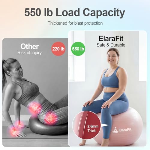 ElaraFit Anti Burst Large Exercise Ball for Yoga Non Slip Pilates Ball with Pump 550 lbs Capacity for Pregnancy, Fitness Size L 23 to 26 inches, About 58 to 65cm (Pink) — view 4