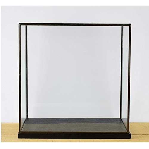 Grande vitrine en verre et métal noir fabriquée à la main avec base en bois noir 42 cm