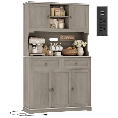 HOSTACK 73" Tall Pantry Cabinet with Power Outlets, Kitchen Pantry Storage with Microwave Stand, Farmhouse Kitchen Hutch Cabinet with Drawers, Food Pantry Large Cupboard