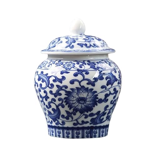 Nishiyuenyi Ceramic Ginger Jar Chinese Style Blue White Porcelain Home Decor Accent Centerpiece Ornament Decorative Flower Vase Food Storage Jar, 4.8''x3.74''