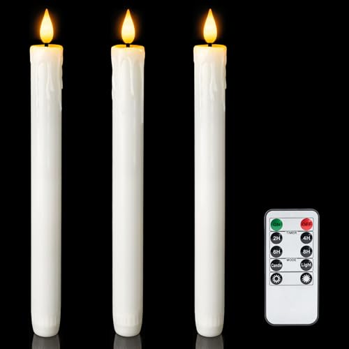 Image of Homemory 3 Pcs Real Wax Flameless Taper Candles with Remote Timer and Dimmer, Battery Operated Candlesticks with Flickering Light, White Window Candles, 9.6 Inches for for Wedding Home Decor
